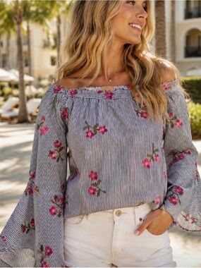 Altar'd State Navy Stripe Off-Shoulder Top with Pink Floral Embroidery